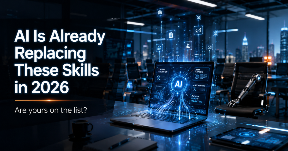 AI replacing skills in 2026 — glowing office desk with AI interface and empty chairs representing job displacement