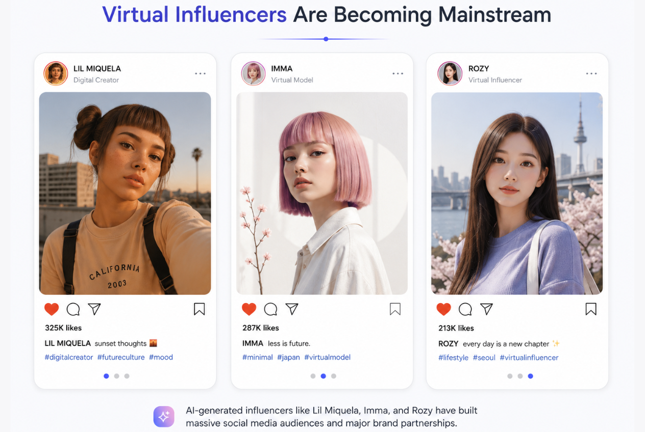 AI influencers Lil Miquela Imma and Rozy on social media platforms