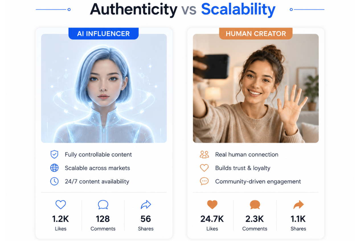 Authenticity vs scalability comparison between AI Influencers and Human Creators