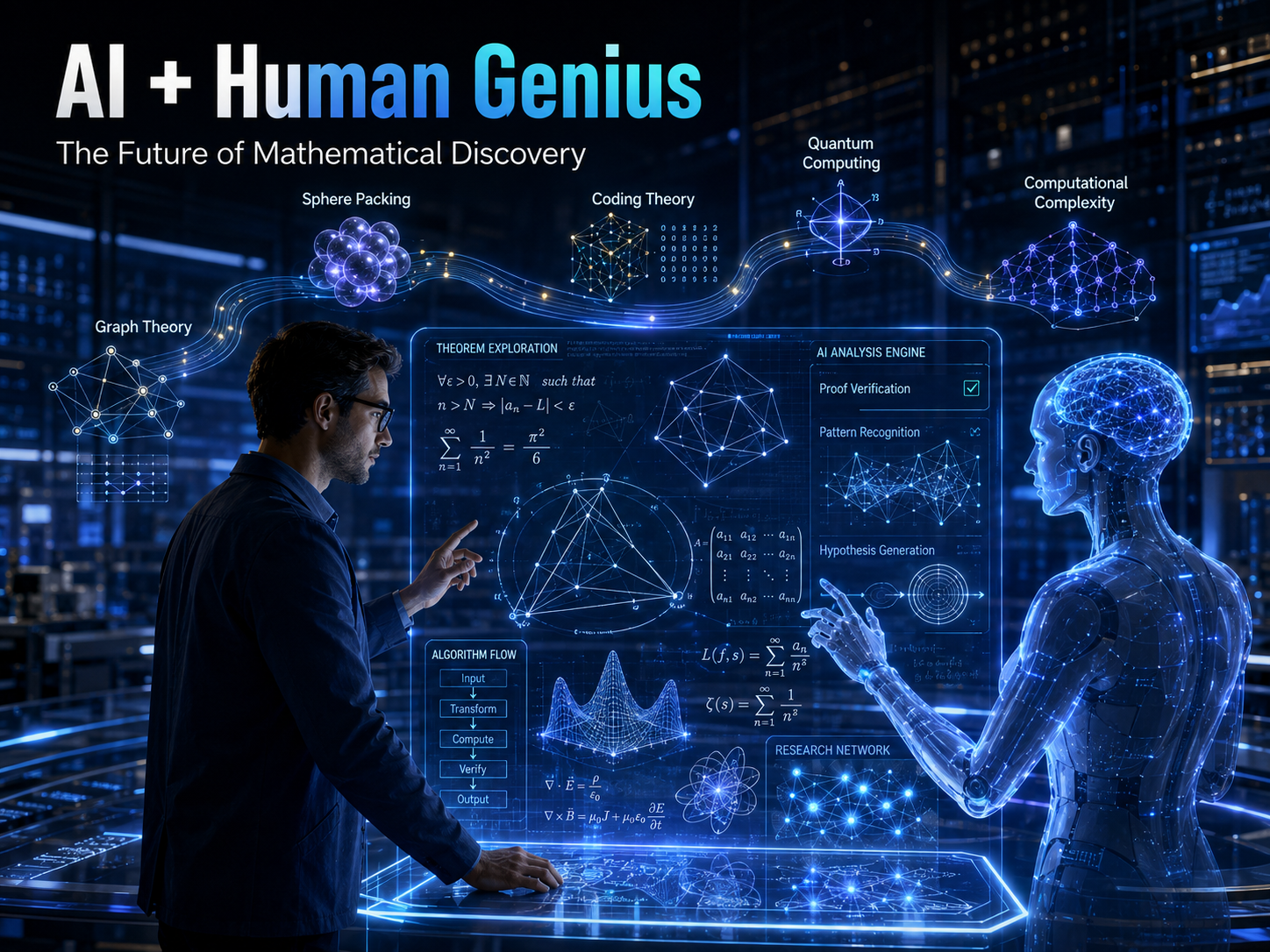 AI collaborating with mathematicians to explore complex mathematical proofs, algorithms, and theoretical computer science concepts in a futuristic research lab.