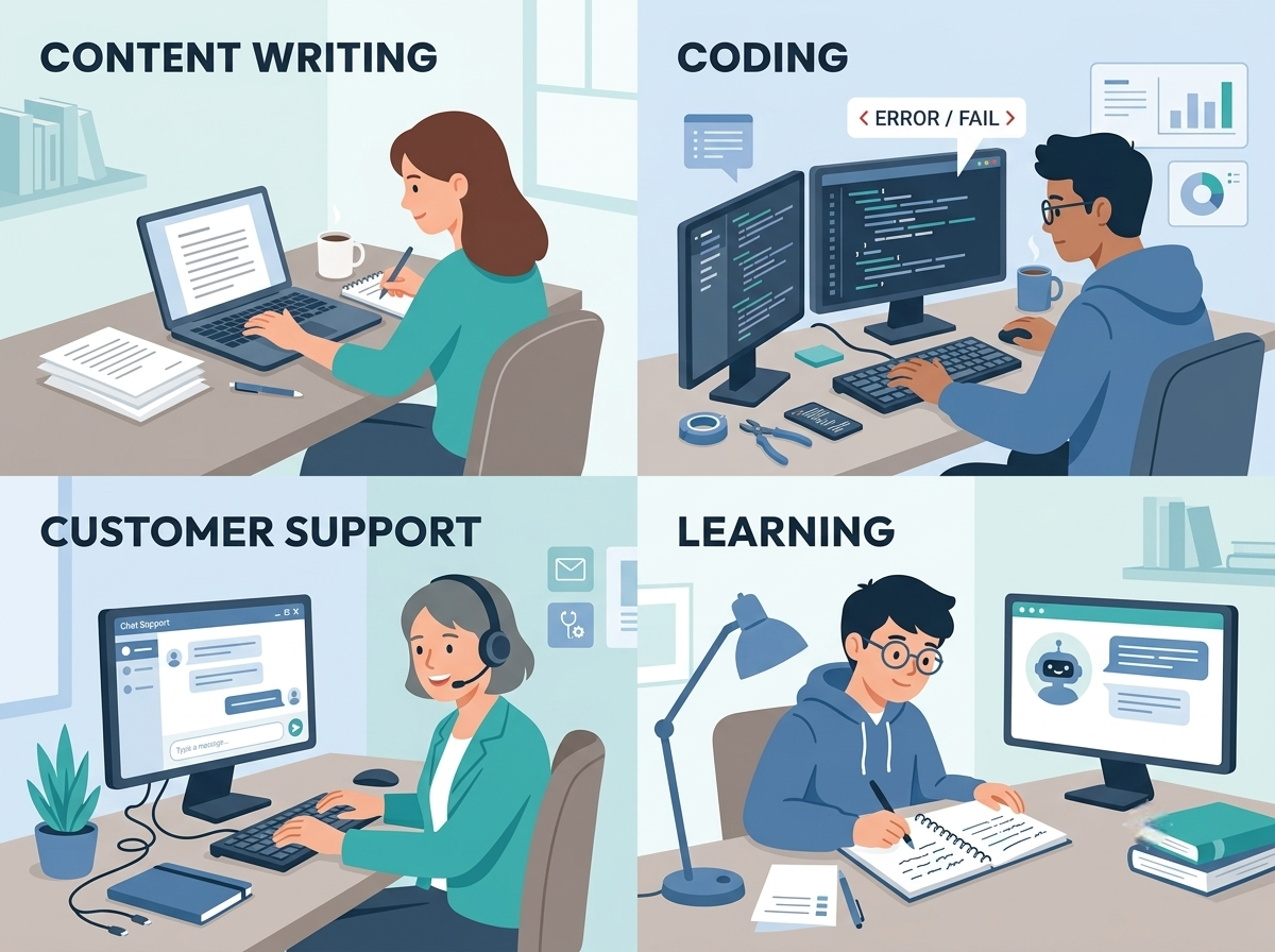 Apply prompt engineering across content writing, coding, support, and learning tasks