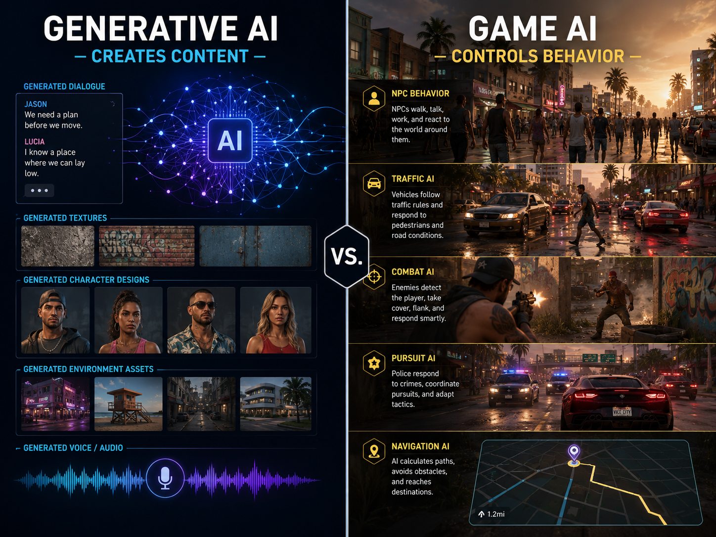 Compare generative AI and traditional game AI in GTA 6
