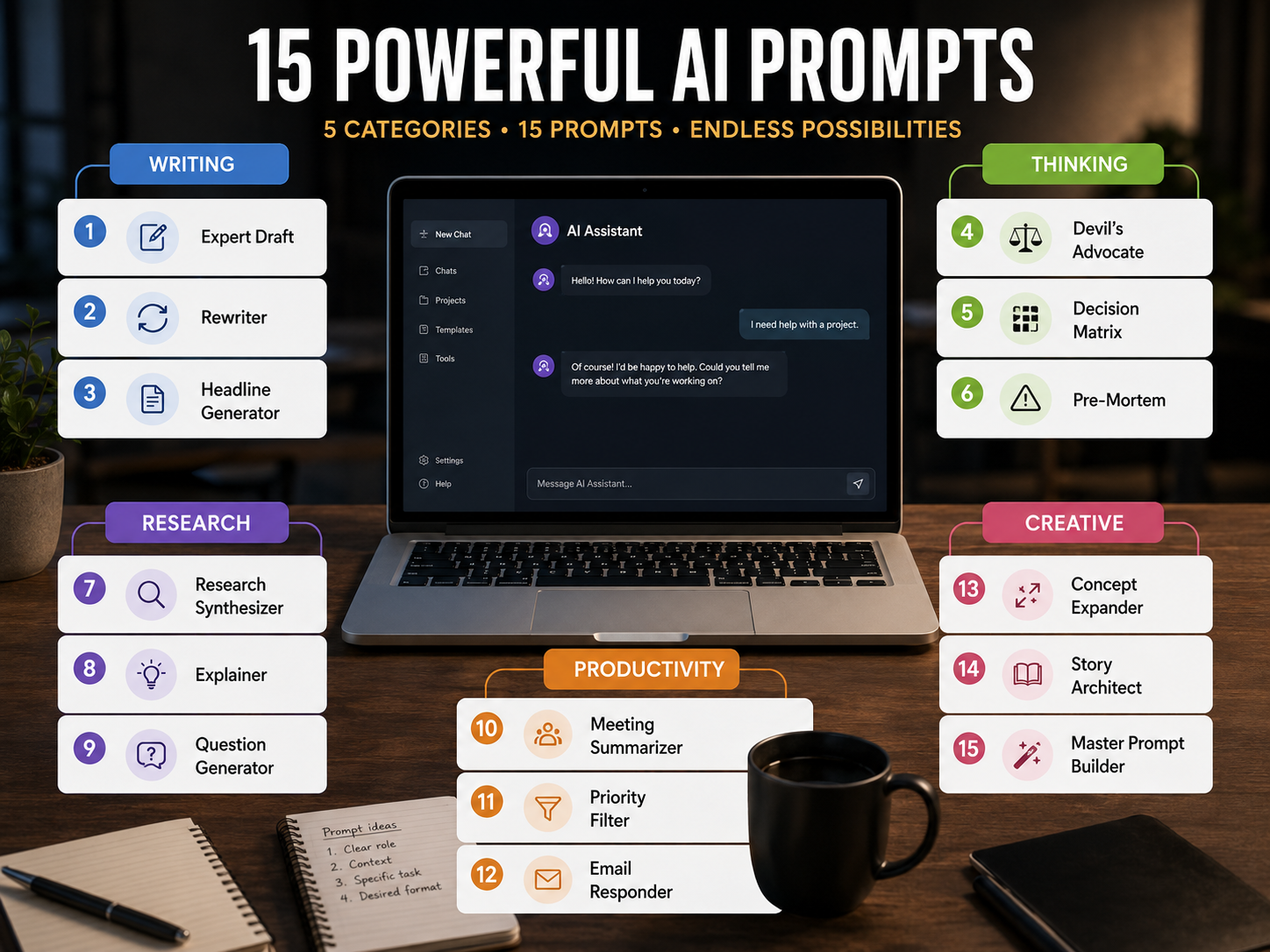 Explore 15 powerful AI prompts for writing thinking research productivity and creativity